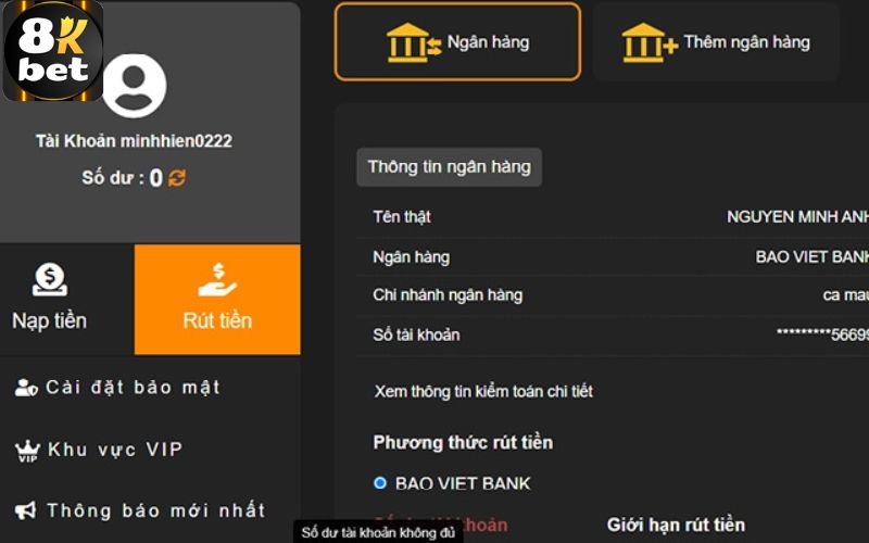 Quy trình rút tiền 8Kbet dưới nhiều hình thức